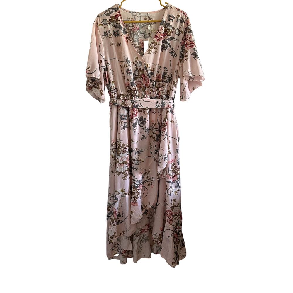 Keluummi Dress Womens 16 Pink Floral Print V Neck High Waisted Adjustable Belt